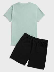 RueChic Men Mountain Print Tee & Slogan Graphic Drawstring Waist Shorts - Multicolor - View 2