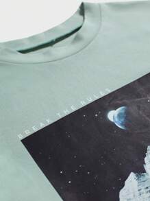 RueChic Men Mountain Print Tee & Slogan Graphic Drawstring Waist Shorts - Multicolor - View 3