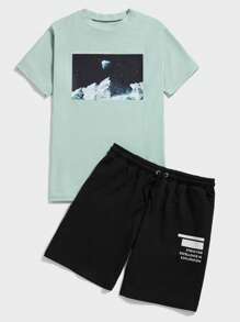 RueChic Men Mountain Print Tee & Slogan Graphic Drawstring Waist Shorts - Multicolor - View 5