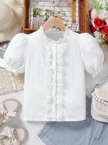 SHEIN Girls Frill Lace Trim Puff Sleeve Ruffle Trim Blouse - White - View 1