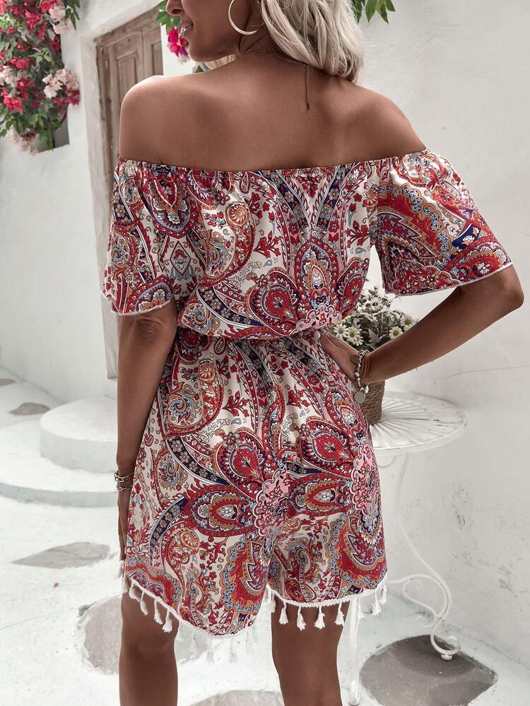Paisley Print Off Shoulder Tassel Hem Romper