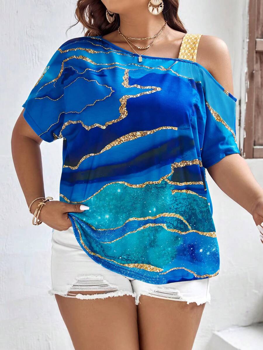 SHEIN LUNE Plus Graphic Print Asymmetrical Neck Batwing Sleeve Tee - Multicolor - View 1