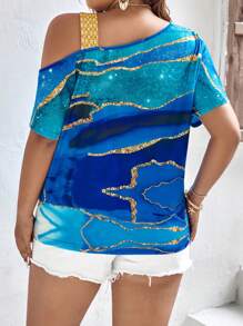 SHEIN LUNE Plus Graphic Print Asymmetrical Neck Batwing Sleeve Tee - Multicolor - View 2