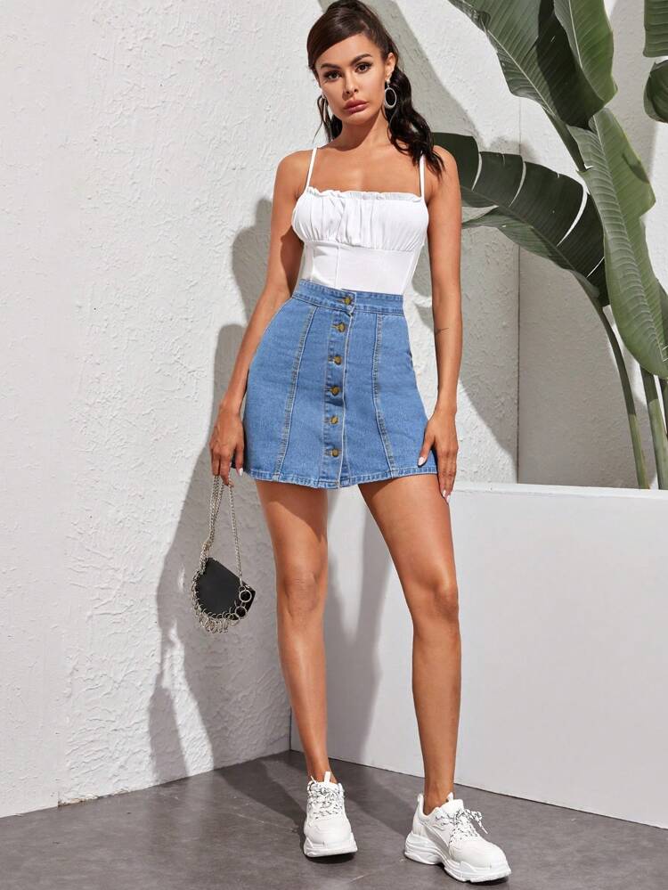 Button Through A-Line Denim Skirt
