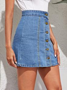 SHEIN EZwear Button Through A-Line Denim Skirt - Blue - View 6