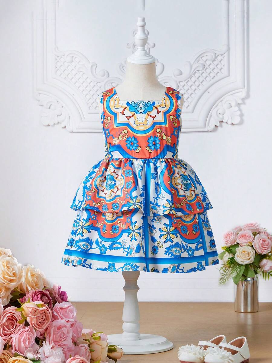 小女童印花層疊下擺洋裝 - 彩色 - 查看 1