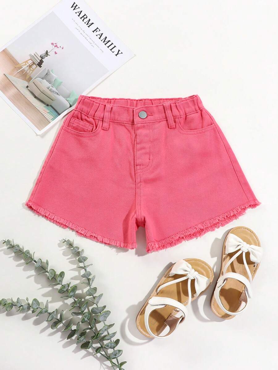 女孩毛邊闊腿牛仔短褲 - 玫紅色 - 查看 1