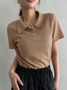 DAZY Cổ Polo Đồ đan Ribbed Áo thun - Màu Khaki - Xem 1