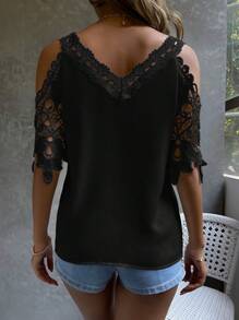 EMERY ROSE Cold Shoulder Guipure Lace Blouse - Black - View 2