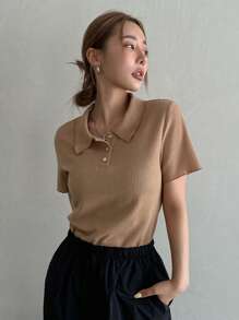DAZY Cổ Polo Đồ đan Ribbed Áo thun - Màu Khaki - Xem 4