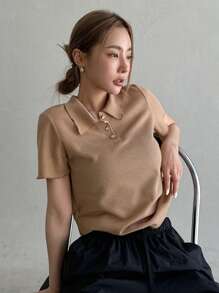 DAZY Cổ Polo Đồ đan Ribbed Áo thun - Màu Khaki - Xem 5
