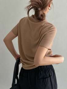 DAZY Cổ Polo Đồ đan Ribbed Áo thun - Màu Khaki - Xem 7