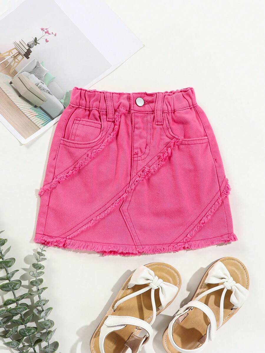 Toddler Girls Chân váy Denim Túi Hem thô màu trơn - Màu Hồng Tươi - Xem 1