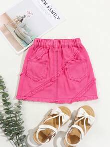 Toddler Girls Chân váy Denim Túi Hem thô màu trơn - Màu Hồng Tươi - Xem 2