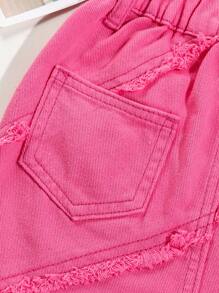 Toddler Girls Chân váy Denim Túi Hem thô màu trơn - Màu Hồng Tươi - Xem 3