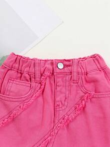 Toddler Girls Chân váy Denim Túi Hem thô màu trơn - Màu Hồng Tươi - Xem 4