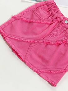 Toddler Girls Chân váy Denim Túi Hem thô màu trơn - Màu Hồng Tươi - Xem 6