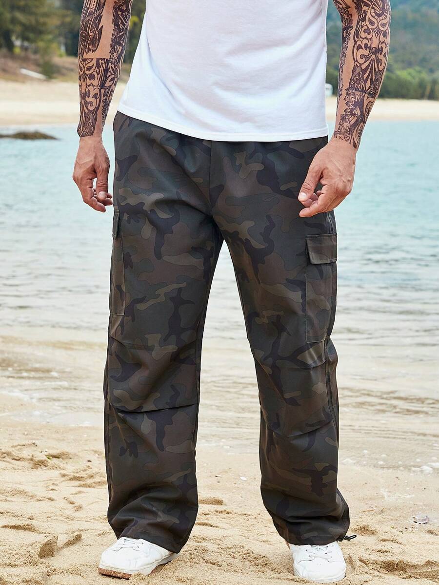 Manfinity Men Camo Print Flap Pocket Side Drawstring Waist Cargo Trousers - Multicolor - View 1
