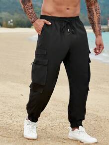 Manfinity Men Flap Pocket Side Drawstring Waist Cargo Trousers - Black - View 4