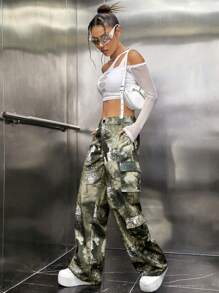 SHEIN ICON Quần Cargo Gorpcore Nhuộm buộc Túi nắp bên cạnh - màu xanh lá - Xem 3