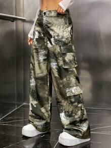 SHEIN ICON Quần Cargo Gorpcore Nhuộm buộc Túi nắp bên cạnh - màu xanh lá - Xem 4