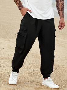 Manfinity Men Flap Pocket Side Drawstring Waist Cargo Trousers - Black - View 5