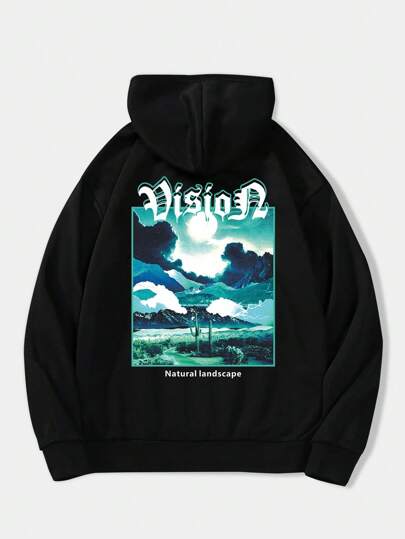 Street Life Guys Letter & Scenery Print Thermal Drawstring Hoodie