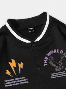 ROMWE MEN Street Life Guys Letter & Eagle Print Striped Trim Thermal Varsity Jacket - Black and White - View 3