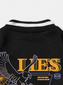 ROMWE MEN Street Life Guys Letter & Eagle Print Striped Trim Thermal Varsity Jacket - Black and White - View 4