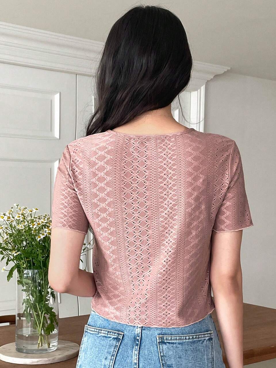 Solid Eyelet Embroidery Tee,Business Casual Women