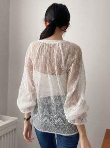 DAZY Tie Neck Flounce Sleeve Blouse - White - View 2