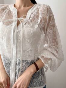 DAZY Tie Neck Flounce Sleeve Blouse - White - View 7