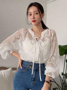 DAZY Tie Neck Flounce Sleeve Blouse - White - View 4