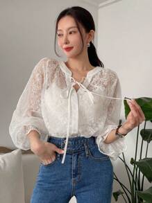 DAZY Tie Neck Flounce Sleeve Blouse - White - View 5