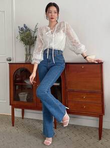 DAZY Tie Neck Flounce Sleeve Blouse - White - View 6