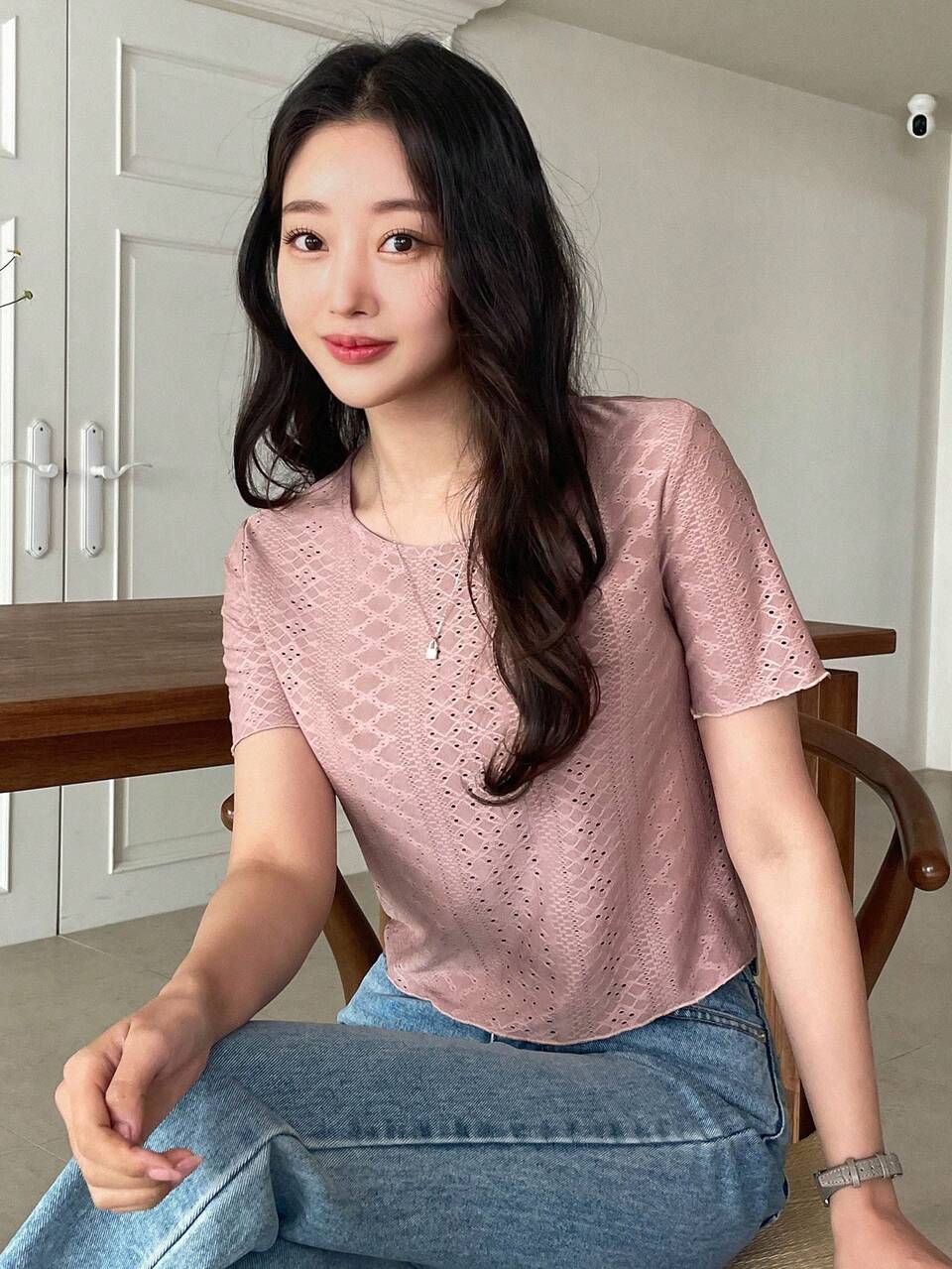 Solid Eyelet Embroidery Tee,Business Casual Women