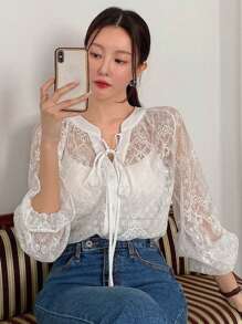 DAZY Tie Neck Flounce Sleeve Blouse - White - View 1