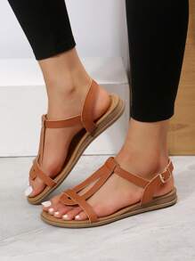 女性搭扣裝飾平底優雅踝帶平底涼鞋適合夏天 - 棕色 - 查看 4