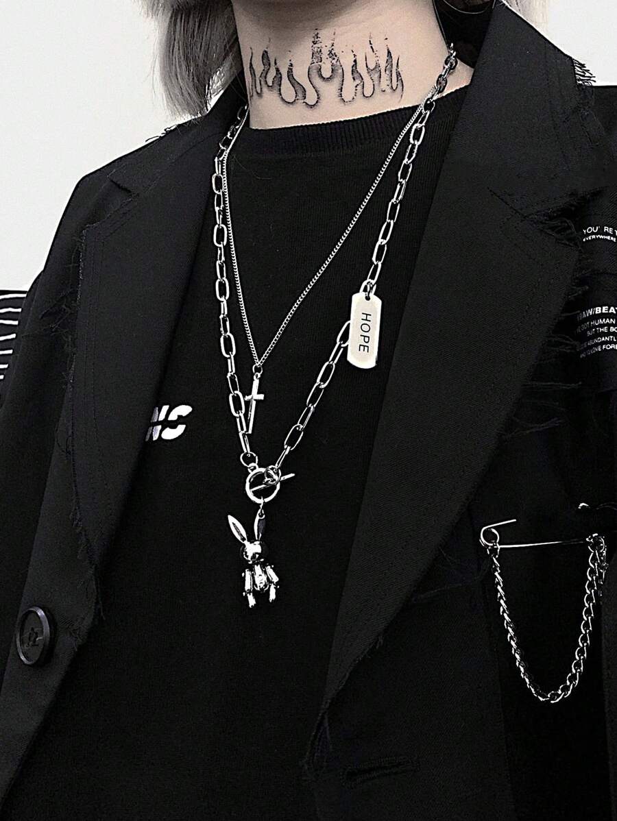 2pcs/set Fashion Stainless Steel Cross & Rabbit Pendant Necklace For Men For Gift - Silver - View 1