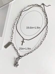 2pcs/set Fashion Stainless Steel Cross & Rabbit Pendant Necklace For Men For Gift - Silver - View 3