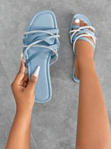 Elegant Outdoors Flat Slippers ForWoman Shoes, Glitter Rhinestone Decor Fabric Open Toe Slide Sandals For Spring And Summer - Baby Blue - View 7