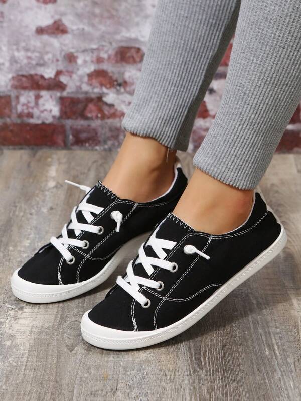 Ladies' Fashionable Classic Canvas Sneakers, Slip-On With Lace-Up, For Casual And Athletic Wear