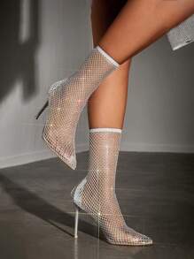 CUCCOO SZL Botas de sandalias con diseño de diamante de imitación con abertura con tacón delgado - Plateado - Ver 1