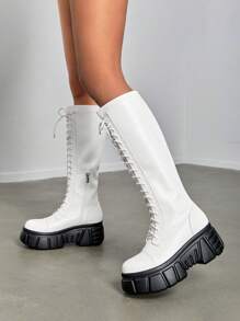 Stitch Detail Lace-up Front Wedge Boots - White - View 1