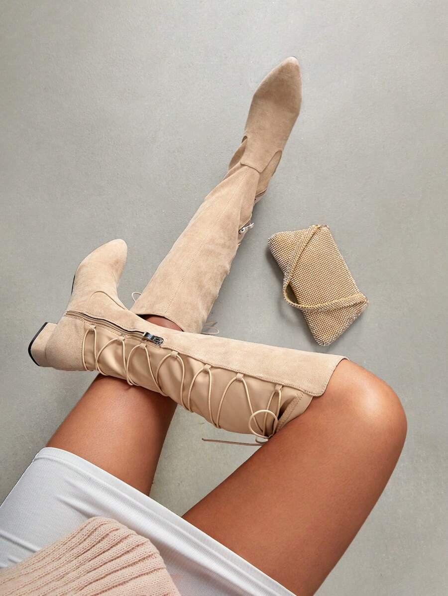 Faux Suede Tie Back Sock Boots - Apricot - View 1