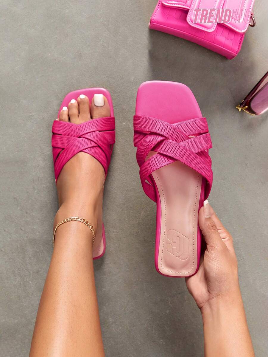 Women Criss Cross Strap Open Toe Hot Pink Slide Sandals, Funky Summer Outdoor Fabric Flat Sandals - Hot Pink - View 1