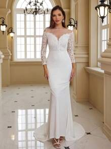 Contrast Lace Mermaid Hem Formal Dress, Wedding Dress - White - View 1