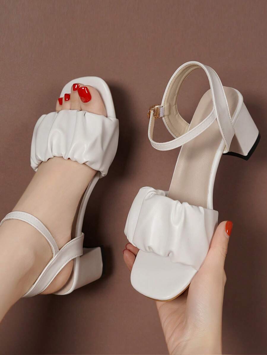 2026 Summer New White Pleated Square Toe Thick Heel Sandals, Strap Buckle Open Toe Mid Heel Versatile Women's High Heels - White - View 1