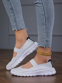 Sporty Sneakers For Women, Colorblock Braided Detail Slip On Shoes - White - View 2
