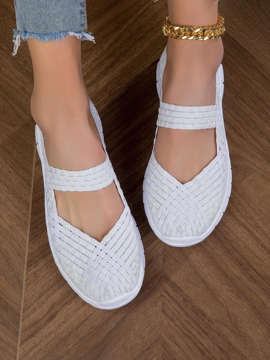 Sporty Sneakers For Women, Colorblock Braided Detail Slip On Shoes - White - View 1